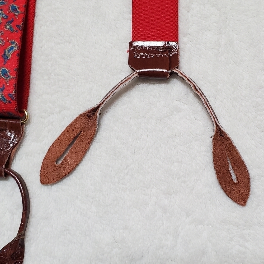 Bill Blass Vintage Stretchy Red Blue Paisley Gold Leather Button Tab Suspenders - Picture 6 of 13